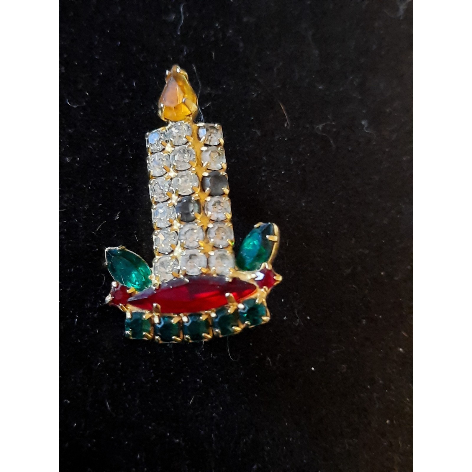 Christmas Candlestick Vintage Brooch Pin Rhinestones Red Green Clear Stones 15$